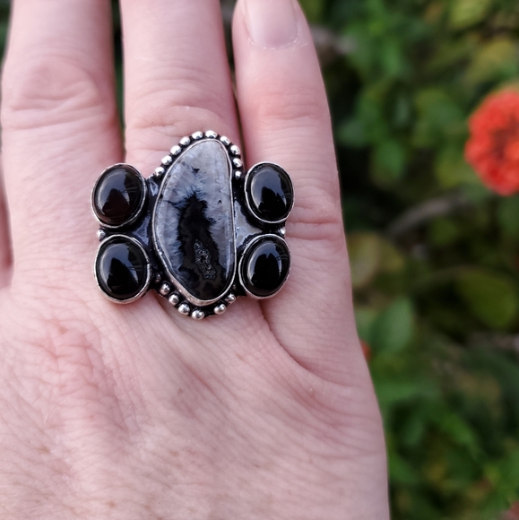 New Solar Agate & Black Onyx 925 Silver Ring. - Picture 2 of 6